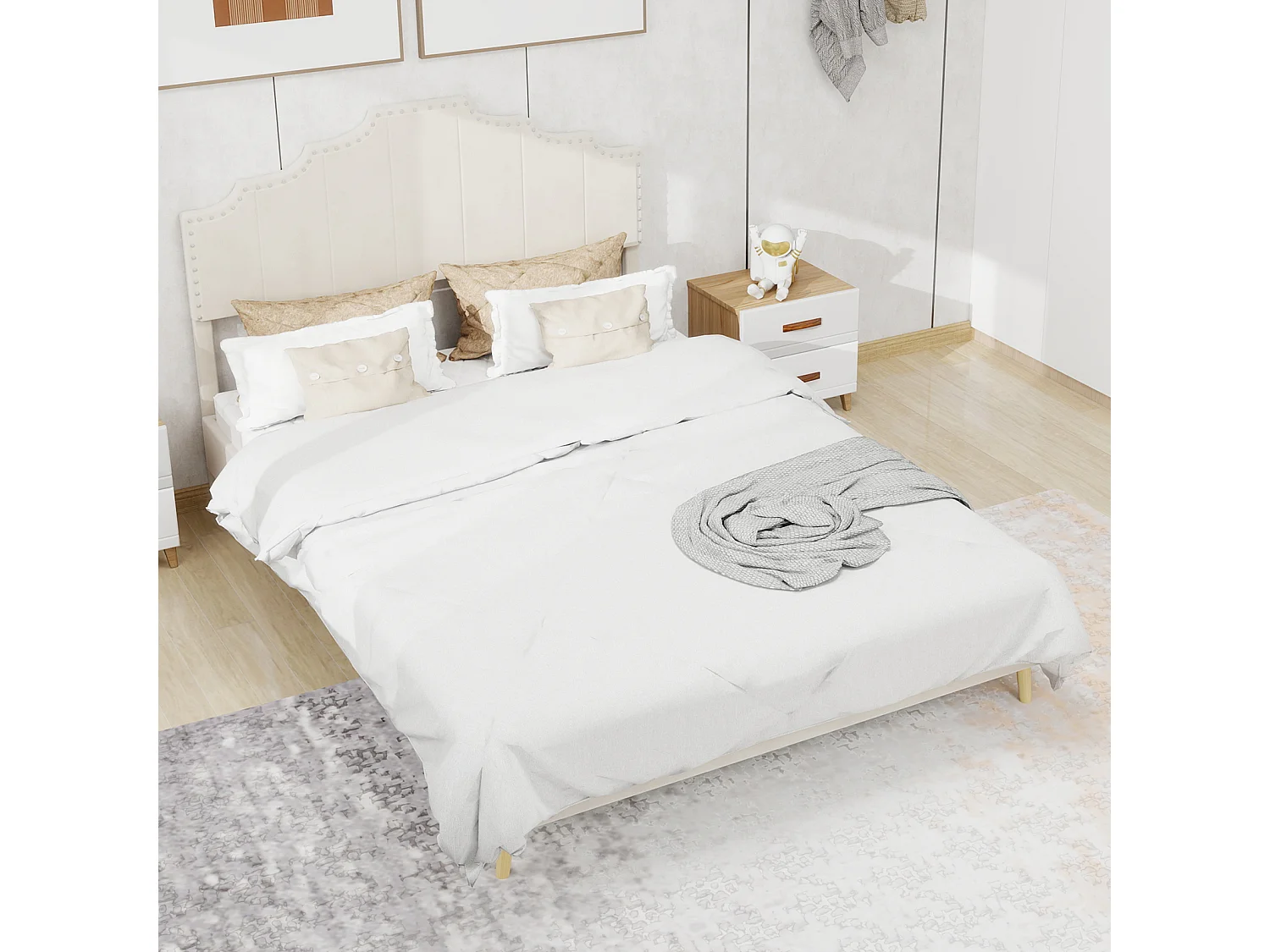 Cama de adulto de 160x200 cm, cama doble con cabecero tapizado y somier de láminas - terciopelo - beige (sin colchón)
