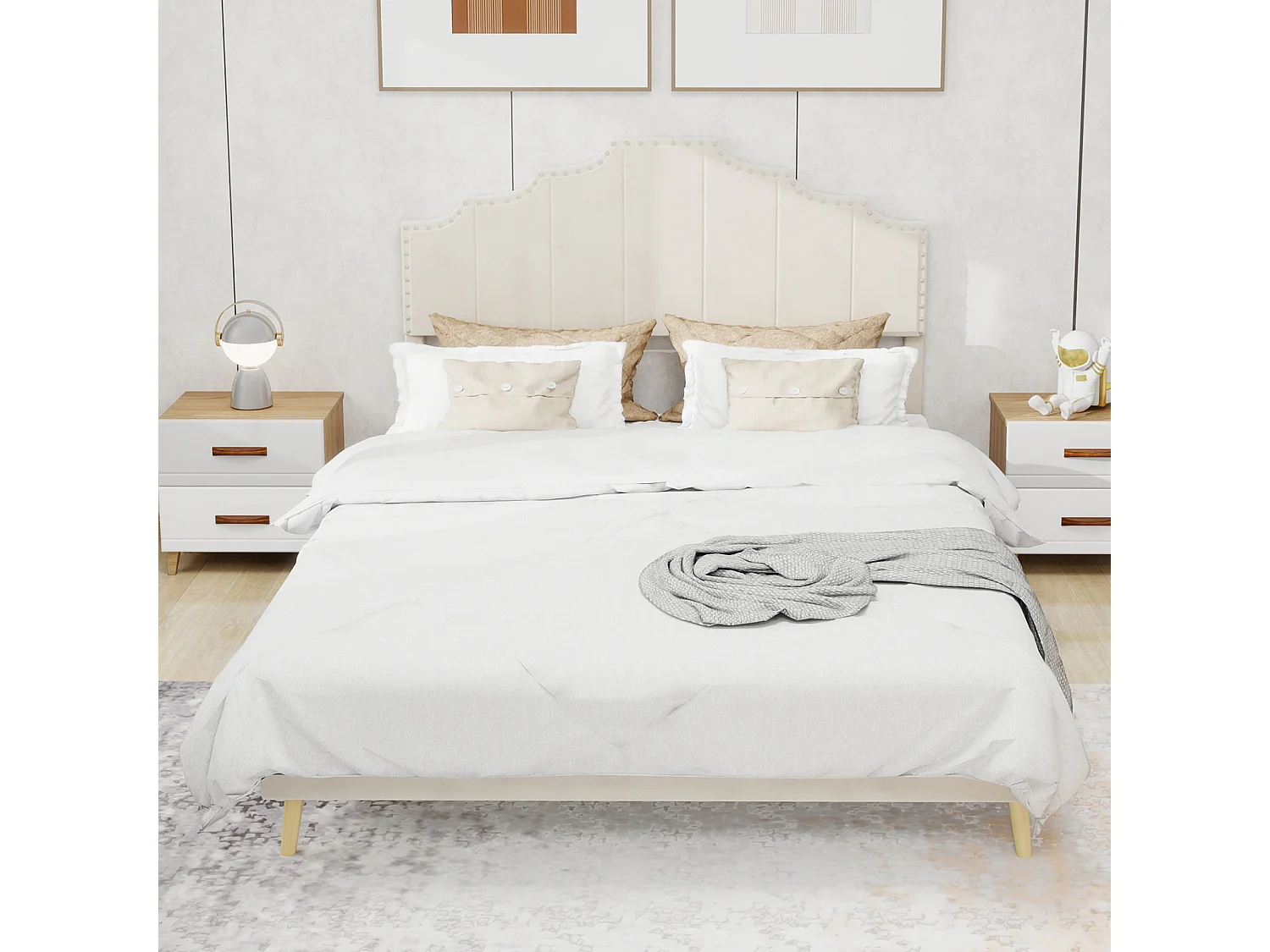Cama de adulto de 160x200 cm, cama doble con cabecero tapizado y somier de láminas - terciopelo - beige (sin colchón)