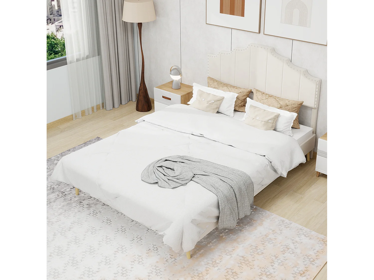 Cama de adulto de 160x200 cm, cama doble con cabecero tapizado y somier de láminas - terciopelo - beige (sin colchón)