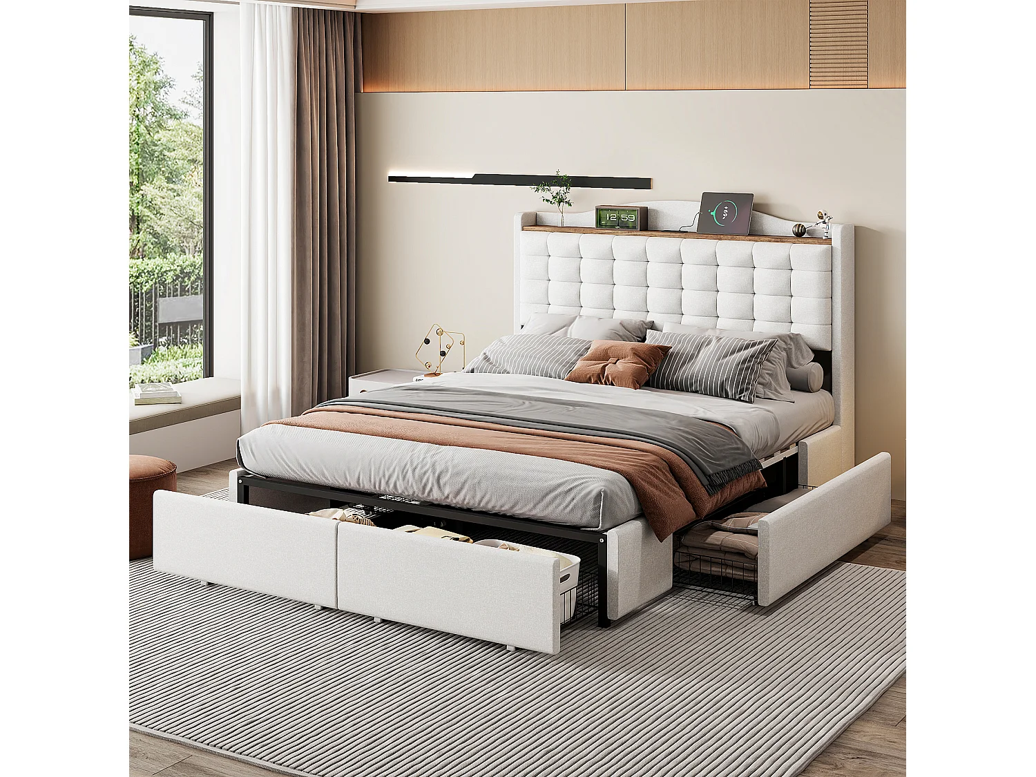 Lit adulte 140x200 cm - avec tête de lit avec rangement, USB, tiroirs - en lin - beige - sans matelas