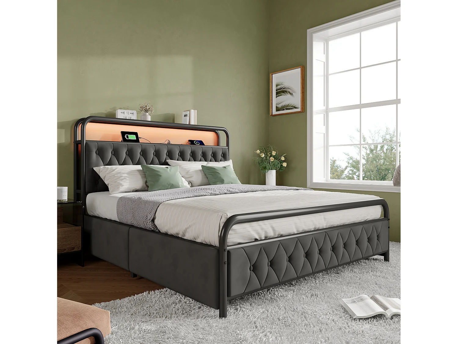 Lit adulte 140x200 cm - avec tête de lit, 4 tiroirs, USB-C, LED - en velours - gris - sans matelas