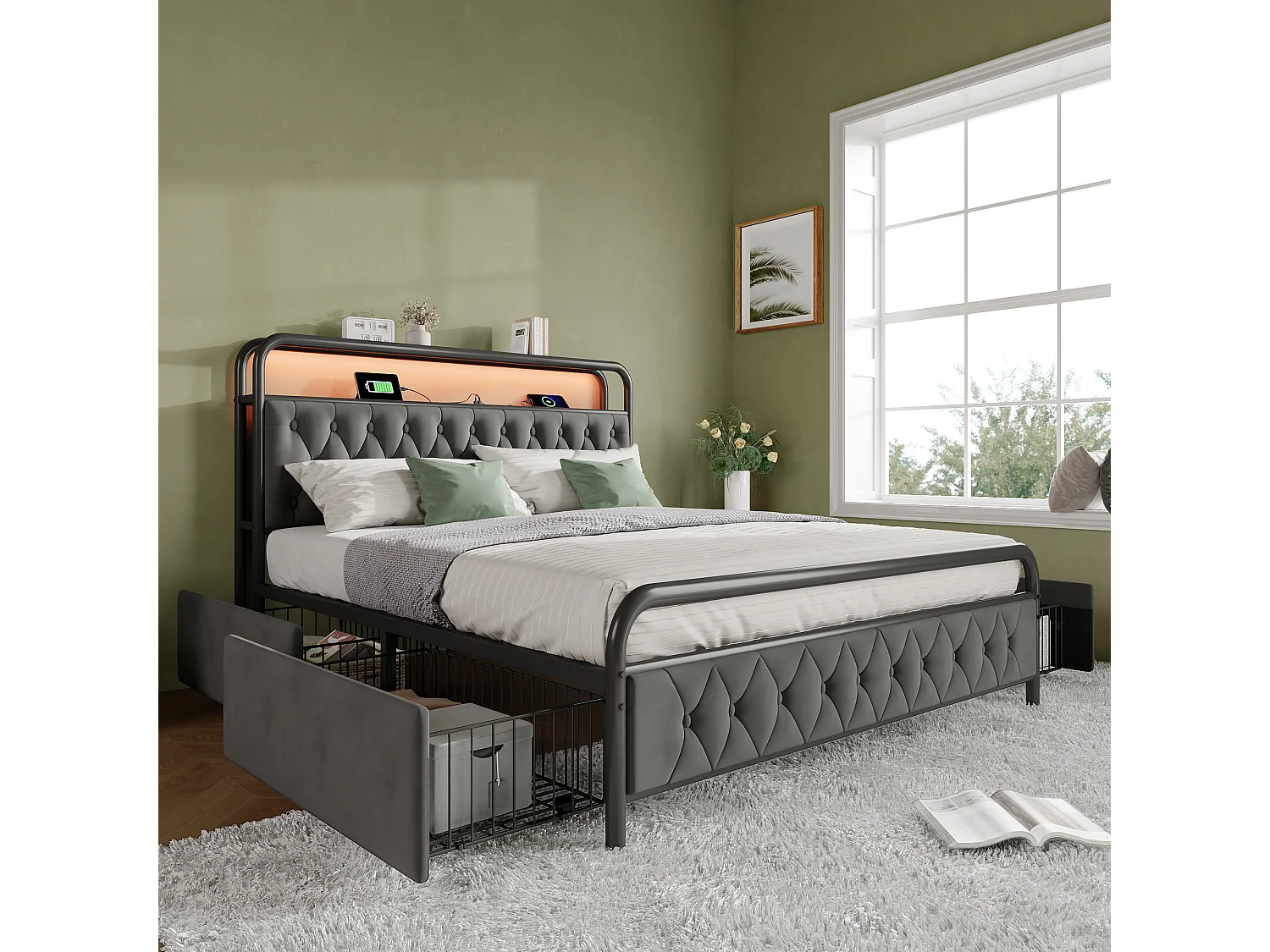 Lit adulte 140x200 cm - avec tête de lit, 4 tiroirs, USB-C, LED - en velours - gris - sans matelas