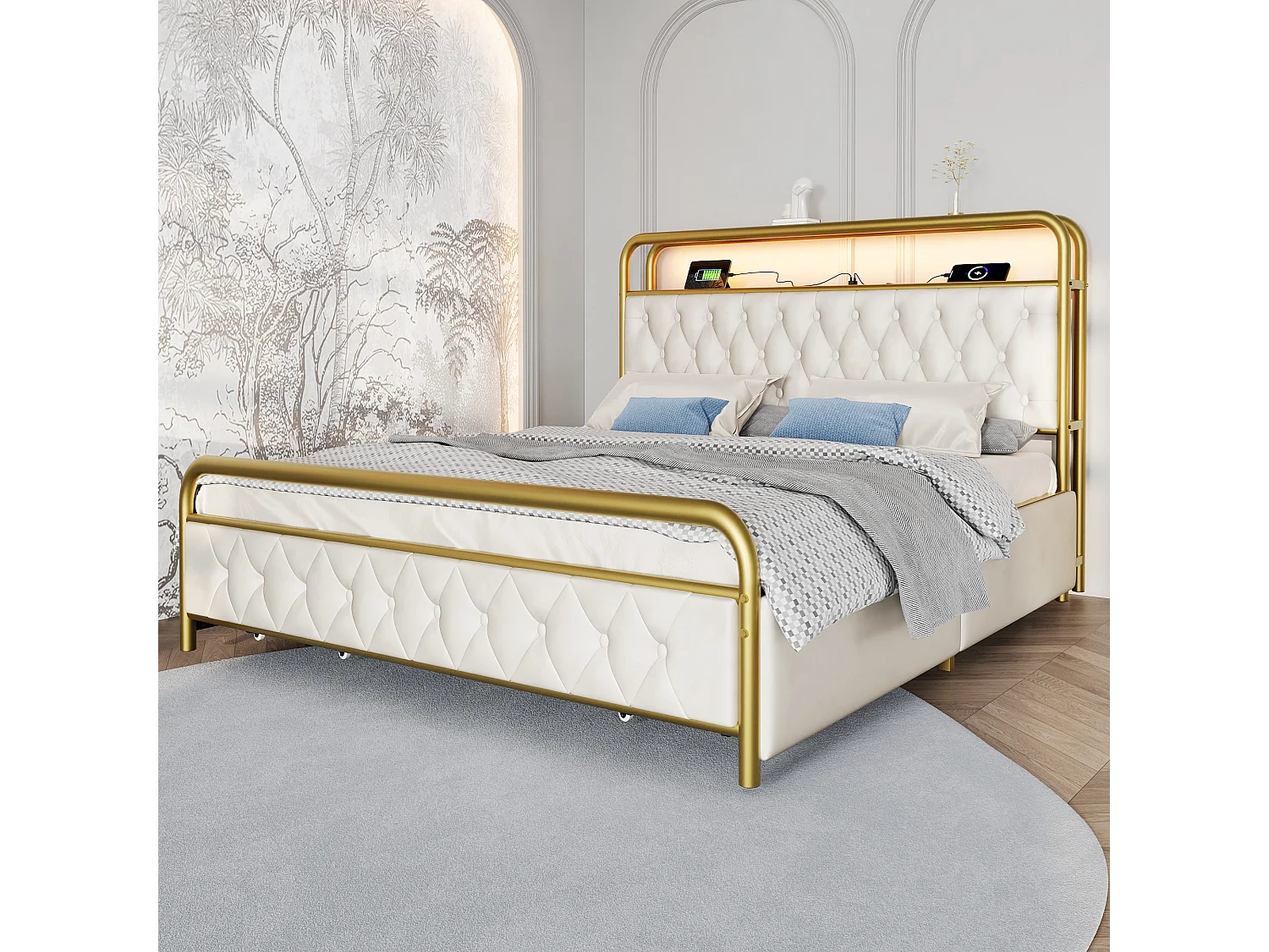 lit adulte 160x200 cm - avec tête de lit avec rangement, USB Type-C, LED, 4 tiroirs - en velours - blanc - sans matelas