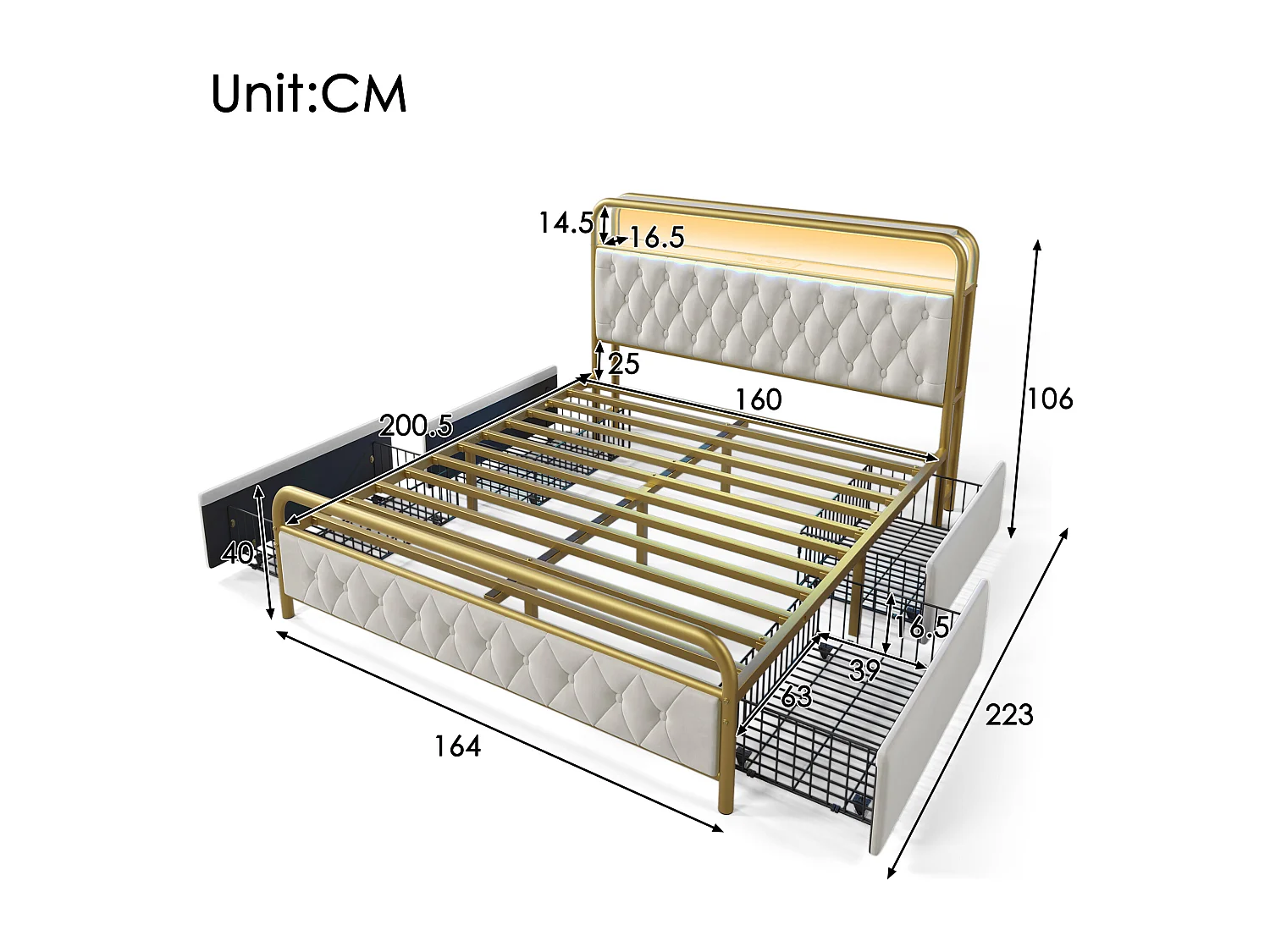 lit adulte 160x200 cm - avec tête de lit avec rangement, USB Type-C, LED, 4 tiroirs - en velours - blanc - sans matelas
