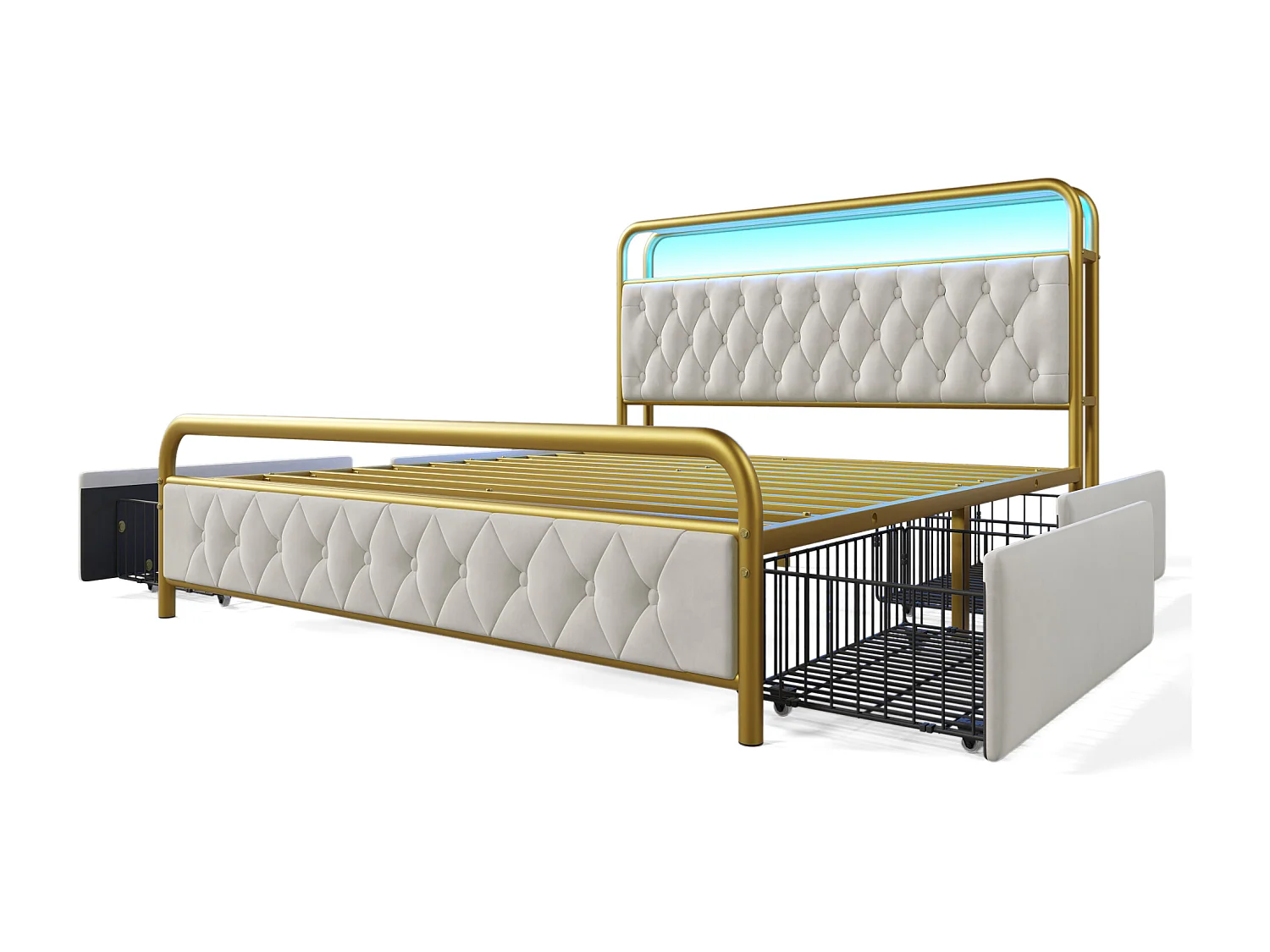 lit adulte 160x200 cm - avec tête de lit avec rangement, USB Type-C, LED, 4 tiroirs - en velours - blanc - sans matelas