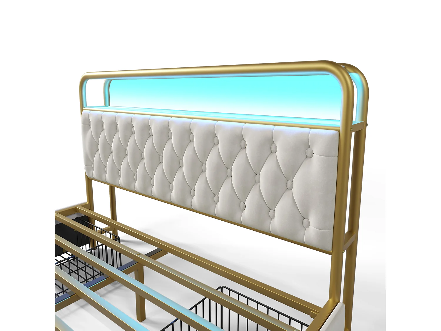 lit adulte 160x200 cm - avec tête de lit avec rangement, USB Type-C, LED, 4 tiroirs - en velours - blanc - sans matelas