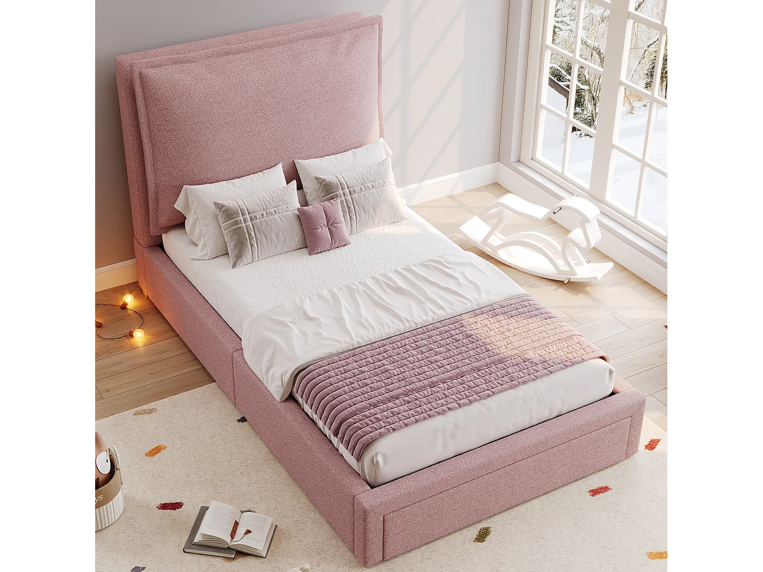 Lit enfant 90x200 cm, lit simple avec tête de lit rembourrée et sommier à lattes, 1 tiroir - chenille rose (sans matelas)