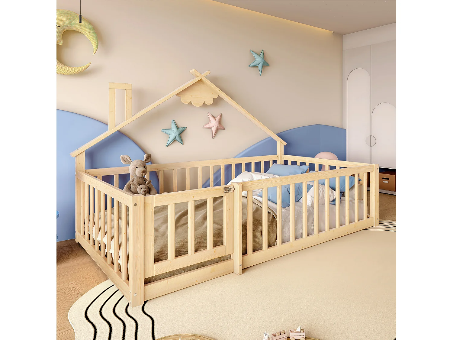 Lit enfant 90x190 cm Lit en bois avec barrières de sécurité et sommier à lattes - pin - naturel (sans matelas)