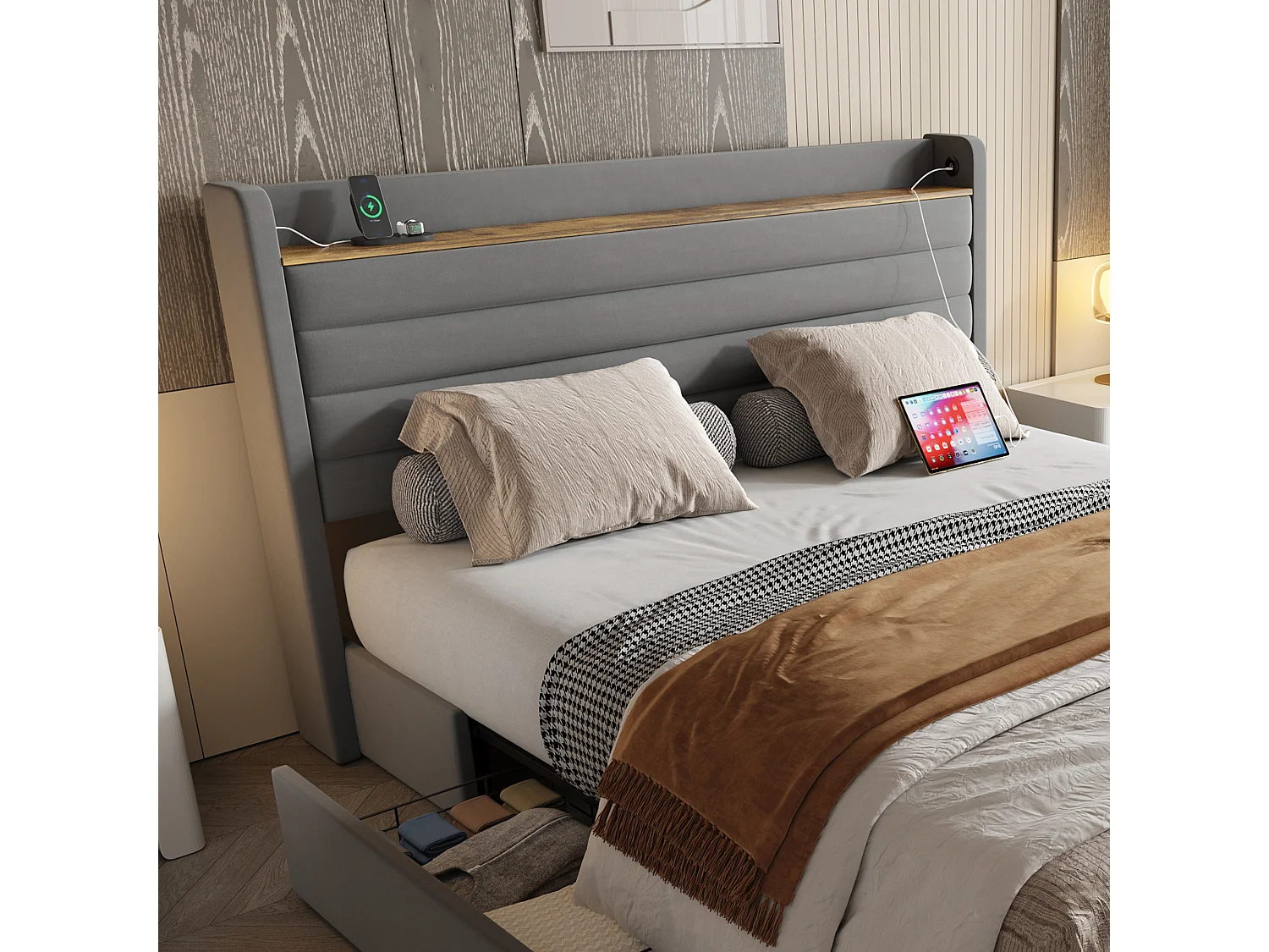 Lit adulte 160x200 cm, lit double avec port USB et 4 tiroirs de rangement - velours gris (sans matelas)