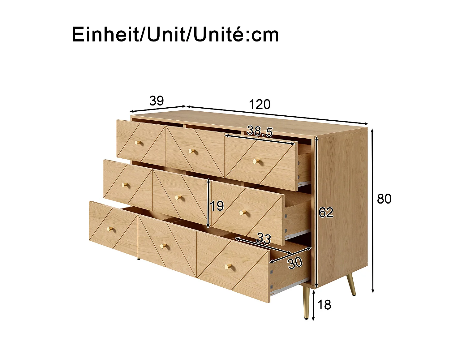 Moderne ladekast met 9 laden – voor slaapkamer, woonkamer en hal – met geometrische patronen