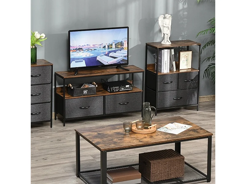 Cômoda com 3 gavetas de tecido, prateleira superior e mesinha lateral, na cor marrom.