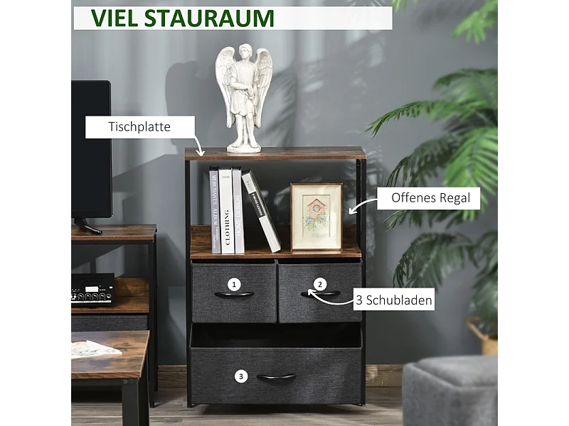 Cômoda com 3 gavetas de tecido, prateleira superior e mesinha lateral, na cor marrom.