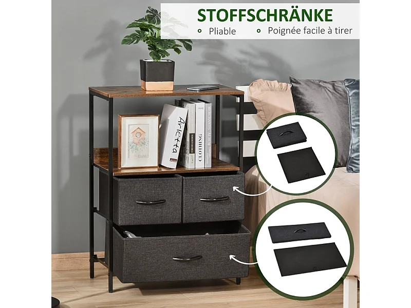 Cômoda com 3 gavetas de tecido, prateleira superior e mesinha lateral, na cor marrom.