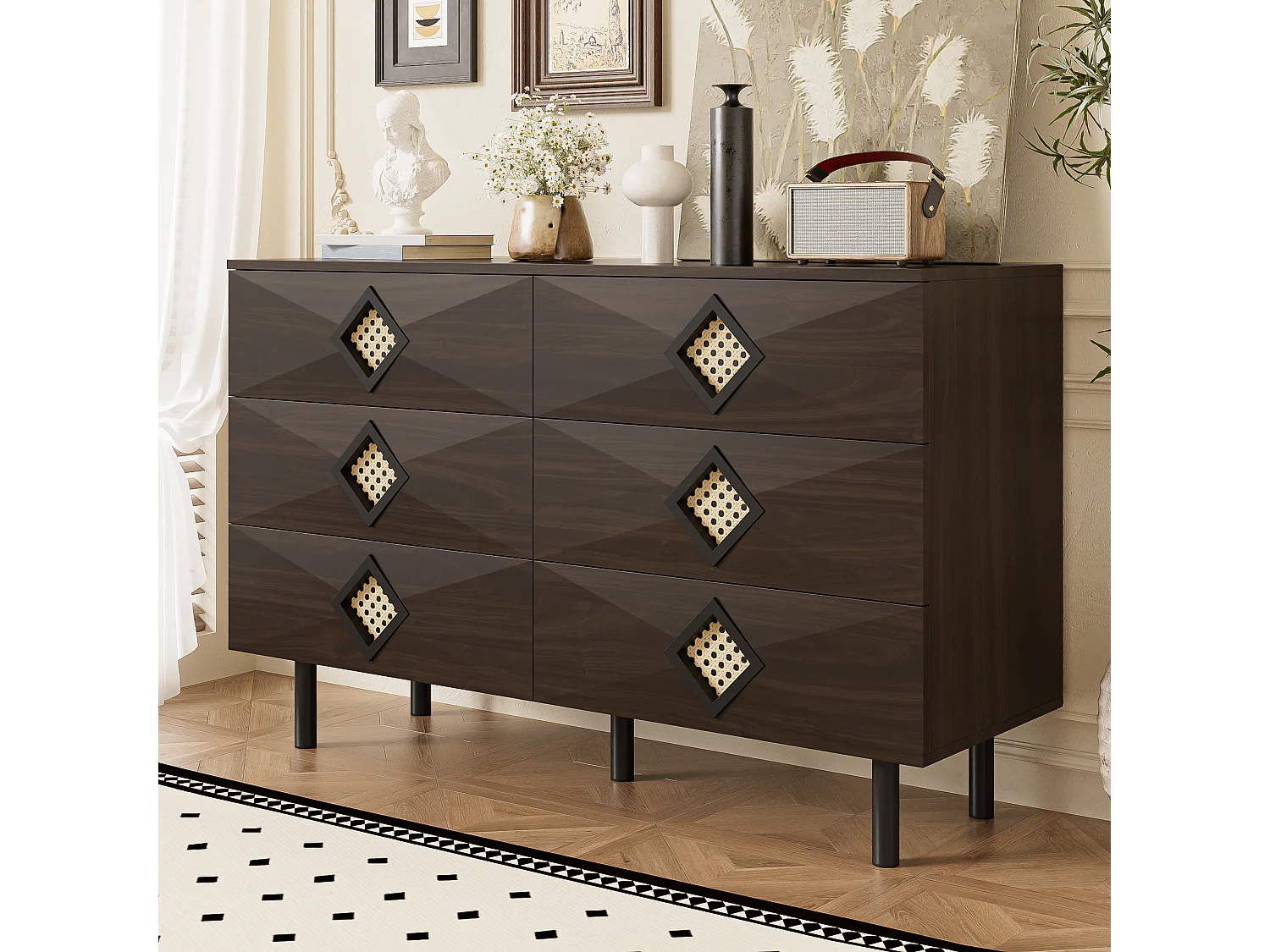 Chique kaptafel met 6 lades en rotan handgrepen, praktische en elegante opbergruimte