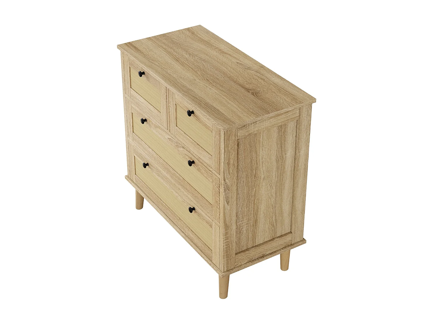 Ladekast met 4 laden, rotan laden en poten van massief hout, voor slaapkamer, woonkamer, 80x80x40cm