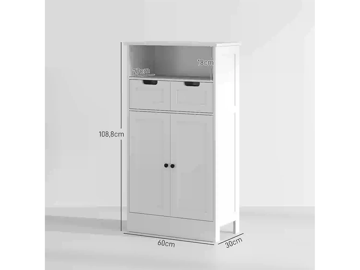 Badkamerkast met 2 lades, multifunctioneel voor badkamer, slaapkamer, wit