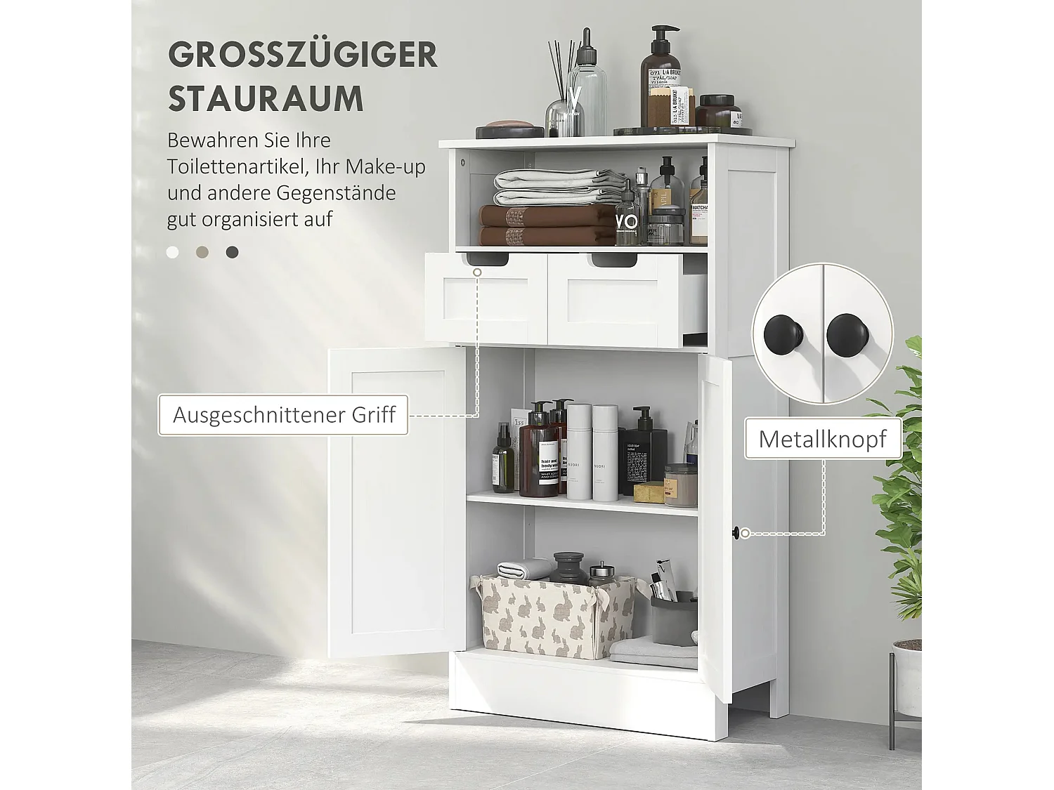 Badkamerkast met 2 lades, multifunctioneel voor badkamer, slaapkamer, wit