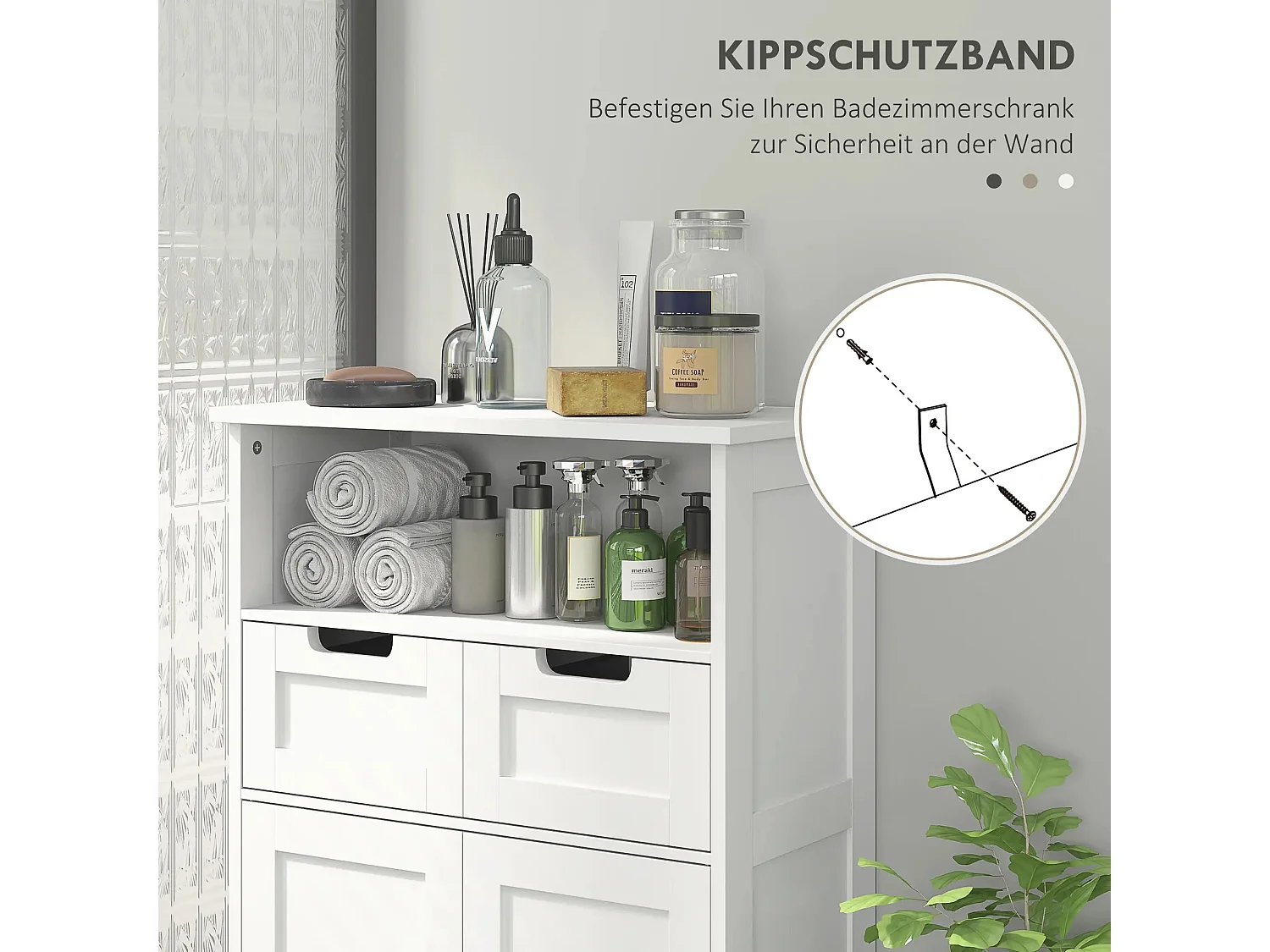 Badkamerkast met 2 lades, multifunctioneel voor badkamer, slaapkamer, wit