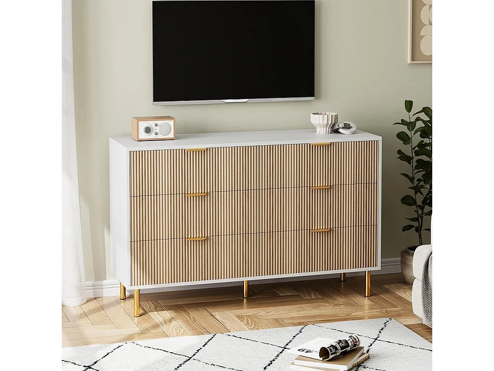 Moderne ladekast met 6 laden, breed, gebogen profiel en gecanneleerde groeven, tv-meubel, voor woonkamer, hout