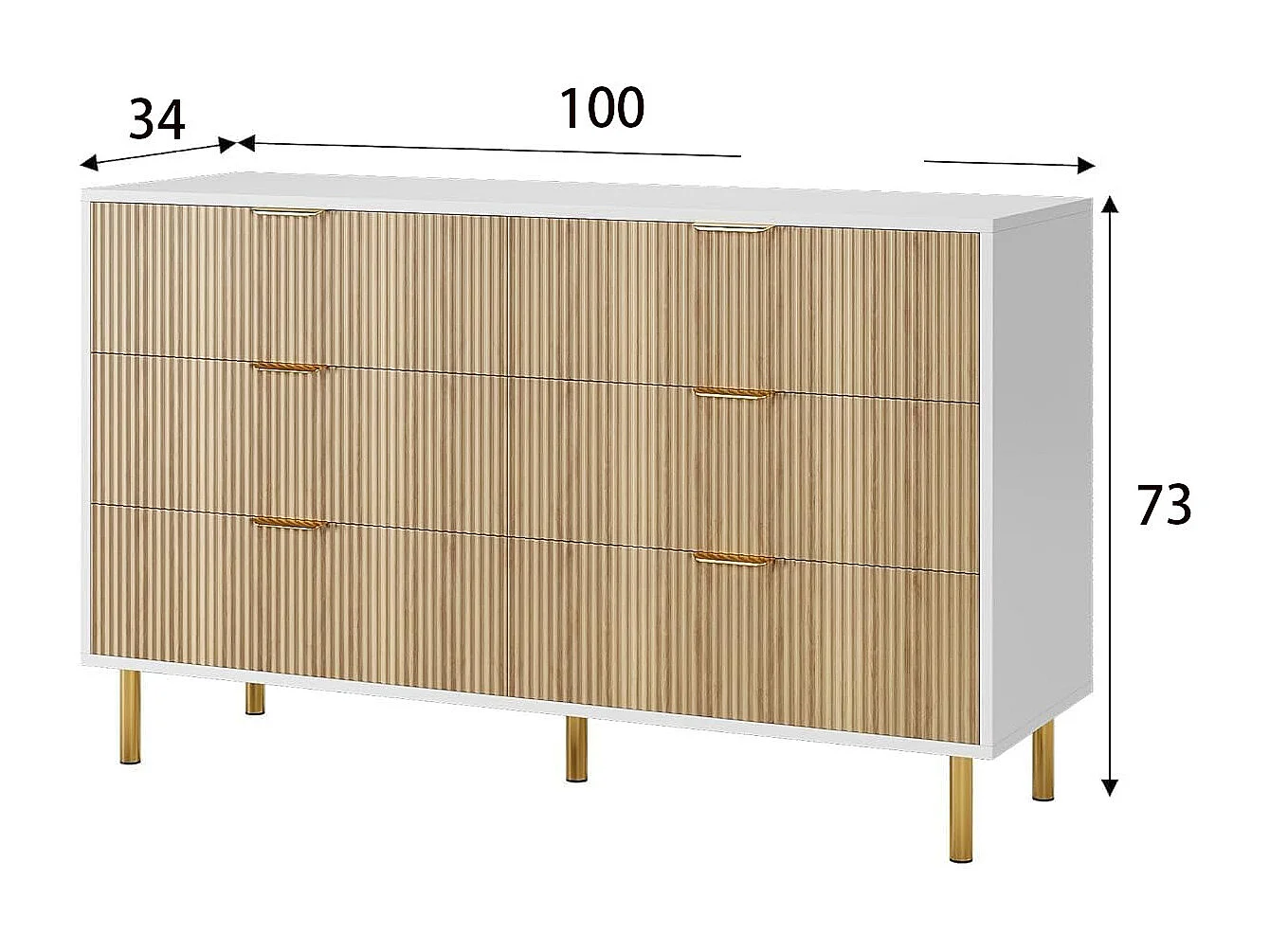 Moderne ladekast met 6 laden, breed, gebogen profiel en gecanneleerde groeven, tv-meubel, voor woonkamer, hout