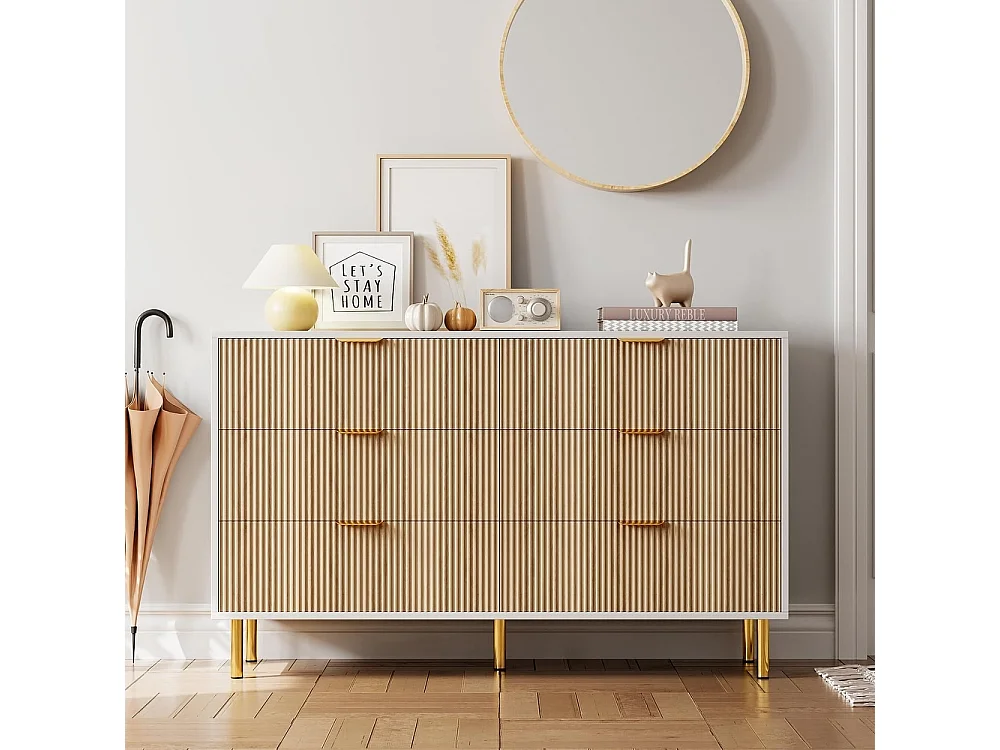 Moderne ladekast met 6 laden, breed, gebogen profiel en gecanneleerde groeven, tv-meubel, voor woonkamer, hout