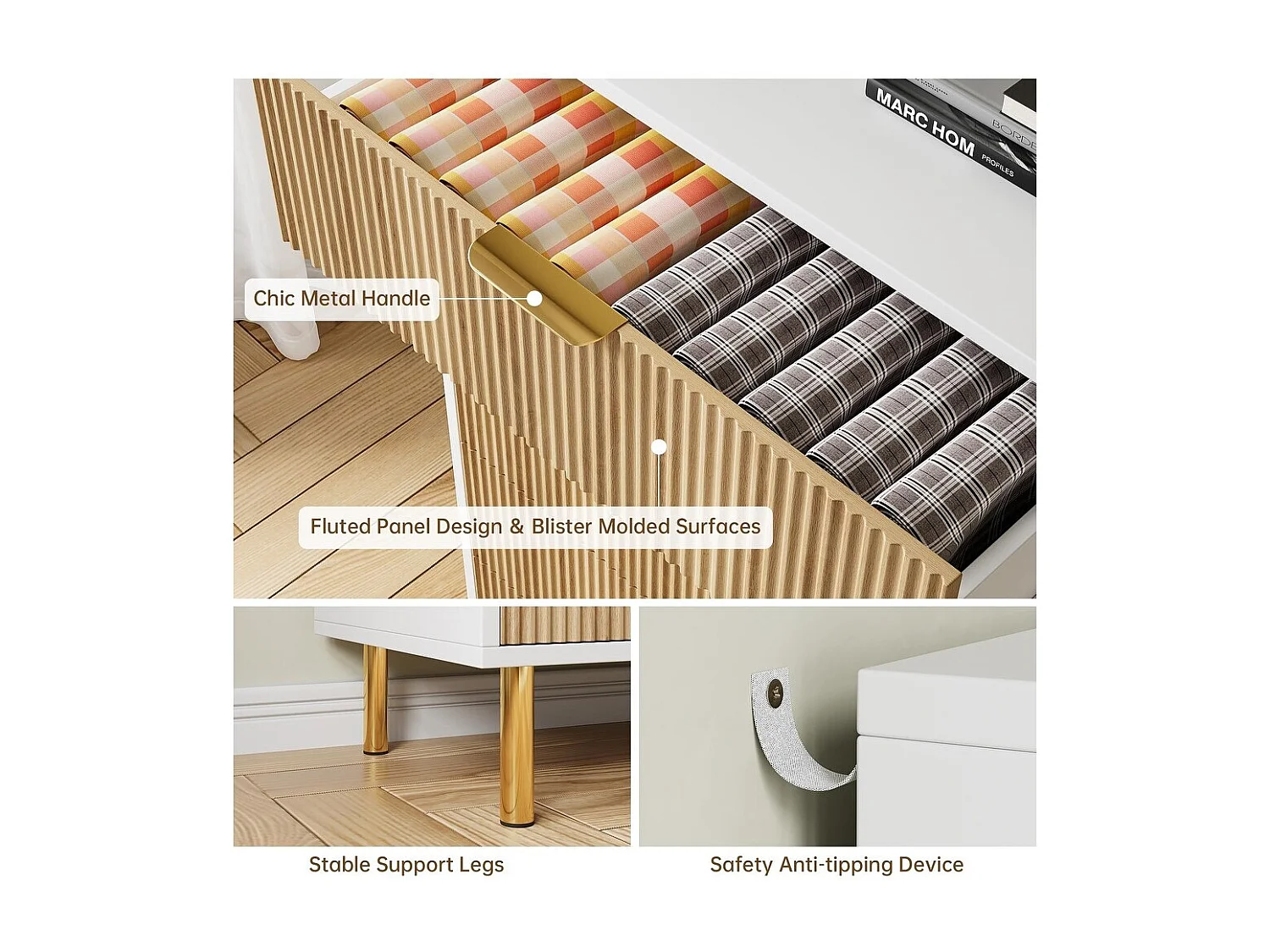 Moderne Kommode mit 6 Schubladen, breitem, geschwungenem Profil und geriffelten Rillen, TV-Möbel, für das Wohnzimmer, aus Holz