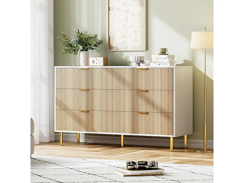 Moderne Kommode mit 6 Schubladen, breitem, geschwungenem Profil und geriffelten Rillen, TV-Möbel, für das Wohnzimmer, aus Holz