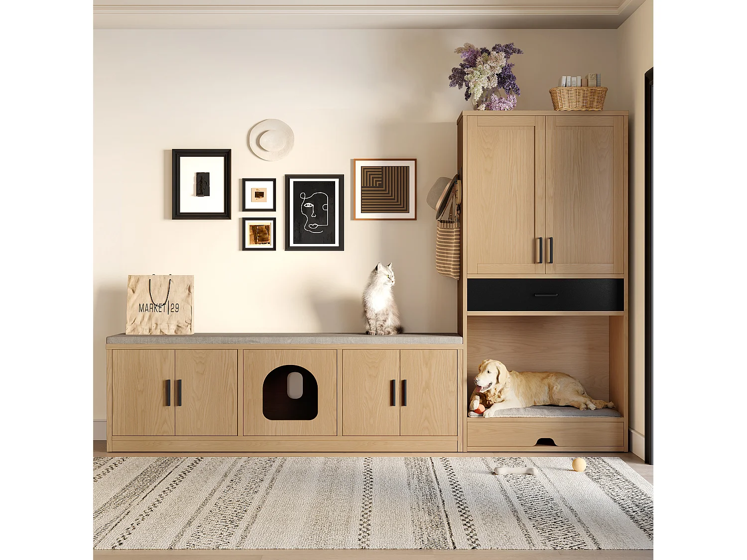 Armoire multifonction pour animaux, 160 cm, avec station de nourriture, lit, rangement et crochets