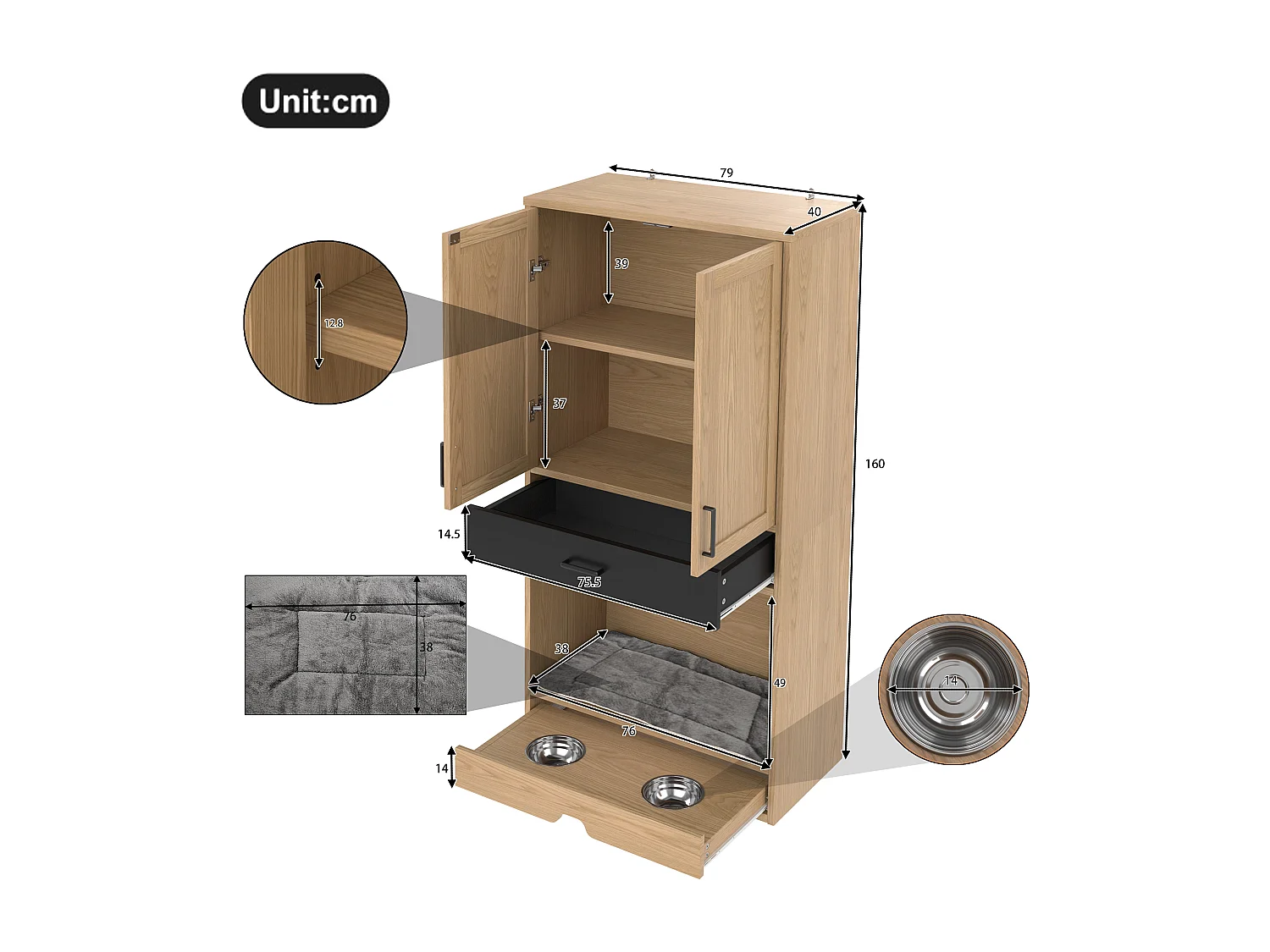 Armoire multifonction pour animaux, 160 cm, avec station de nourriture, lit, rangement et crochets