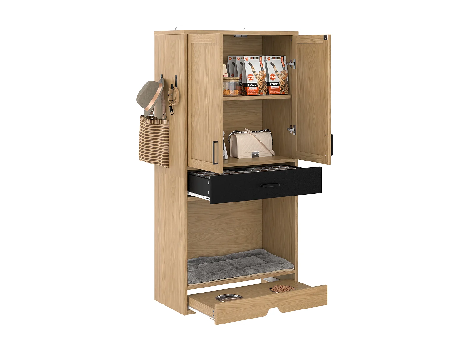 Armoire multifonction pour animaux, 160 cm, avec station de nourriture, lit, rangement et crochets
