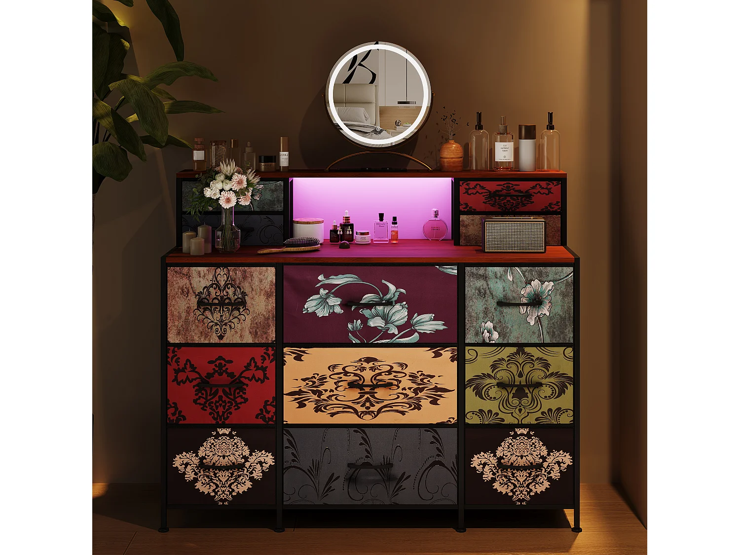 Cômoda de tecido com 9 gavetas, suporte para TV e unidade de armazenamento multicolorida para quarto, hall de entrada ou corredor.