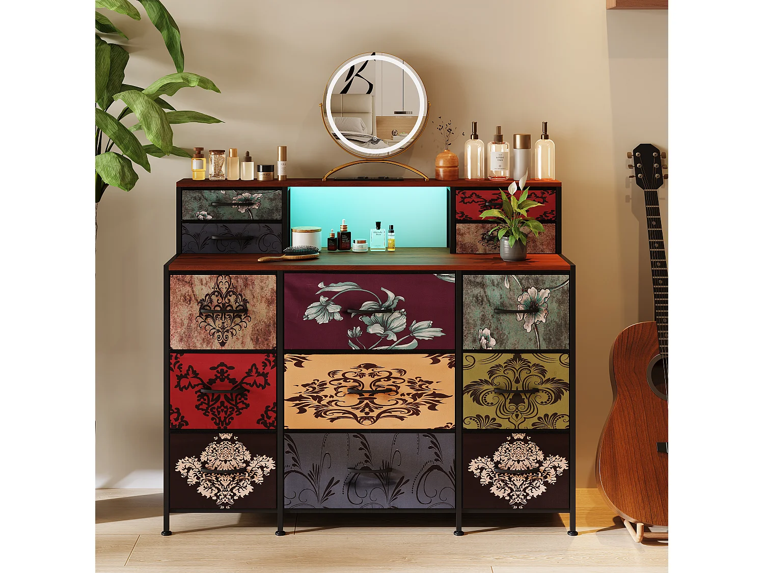 Cômoda de tecido com 9 gavetas, suporte para TV e unidade de armazenamento multicolorida para quarto, hall de entrada ou corredor.