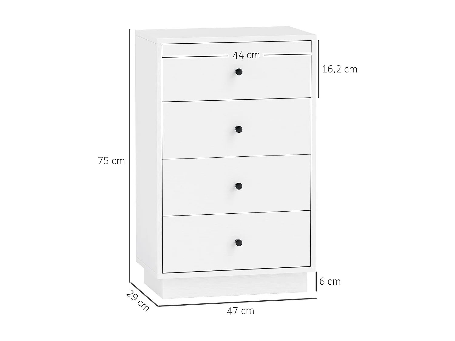 Dressoir met 4 lades, commode voor woonkamer, slaapkamer, gang, 47 x 29 x 75 cm, wit