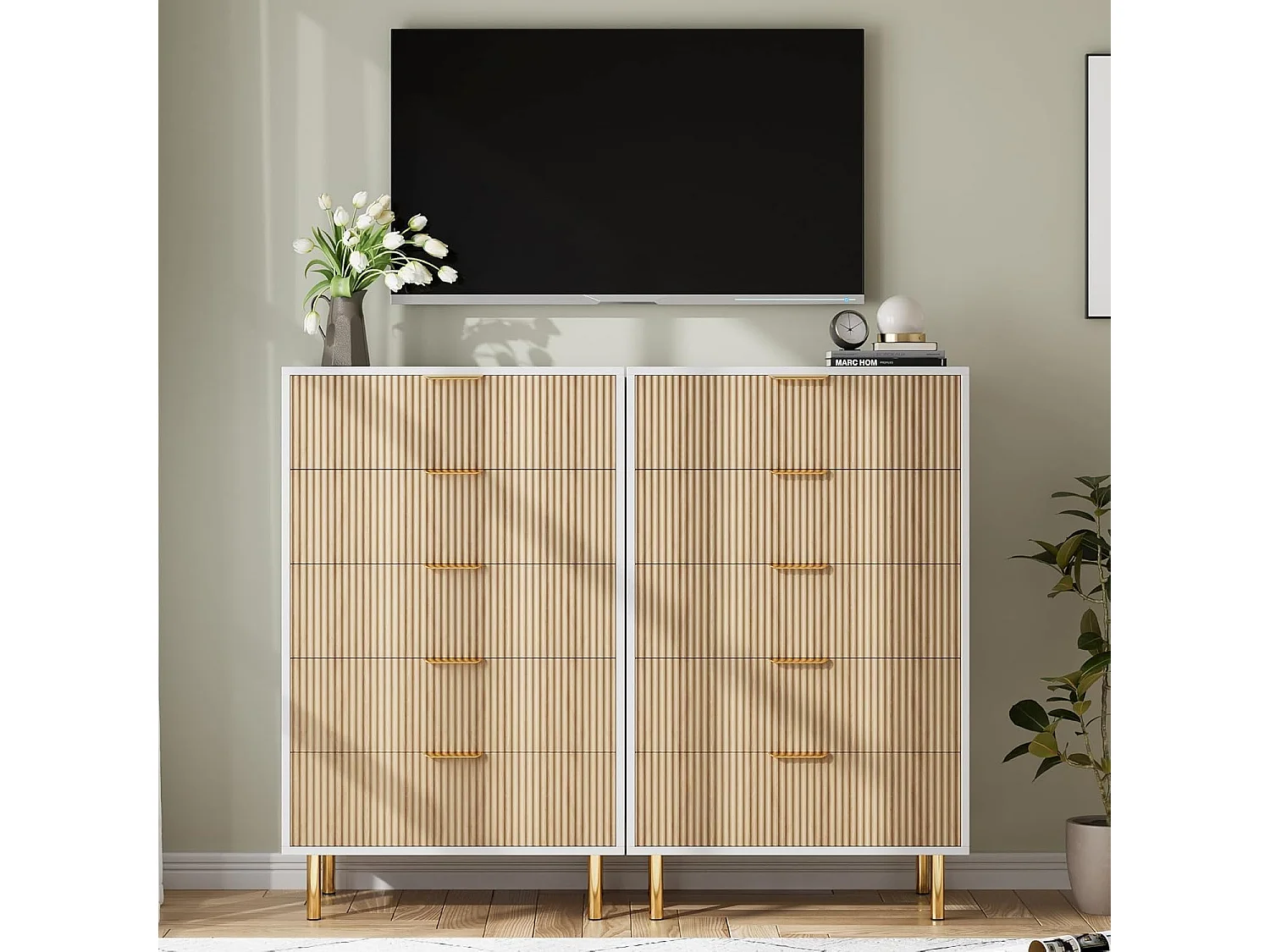 Cassettiera moderna a 5 cassetti, mobile contenitore color cachi per camera da letto, soggiorno o corridoio