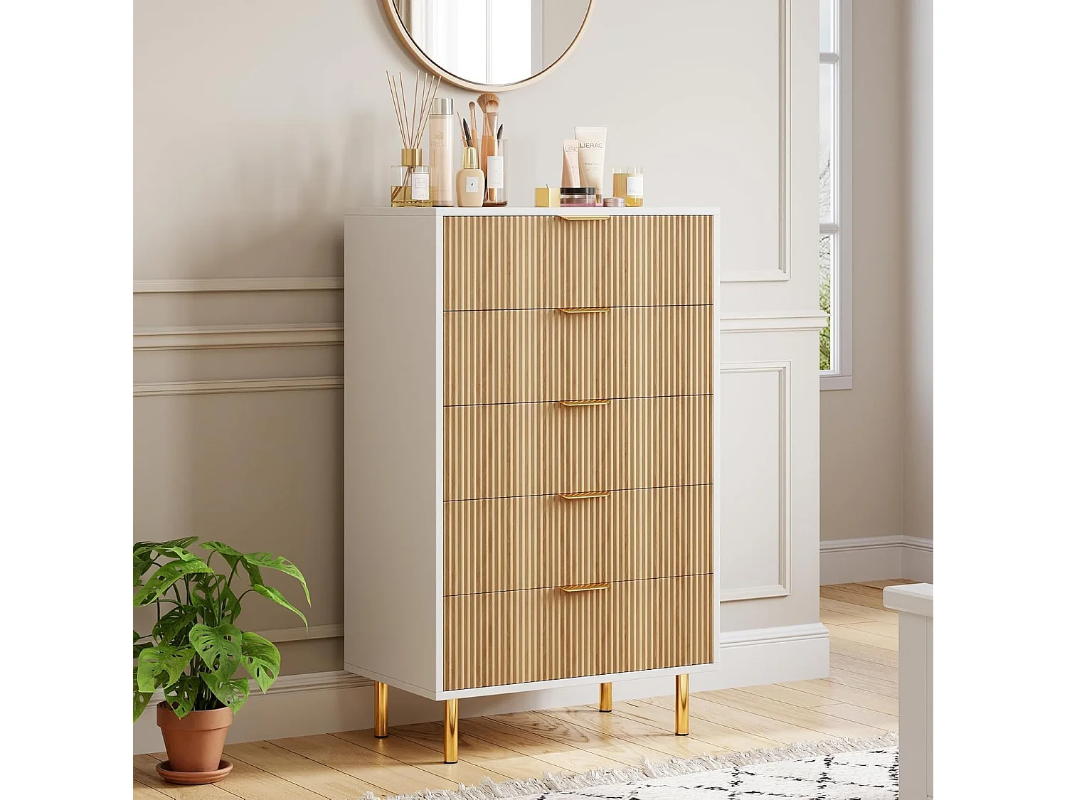 Commode 5 tiroirs design moderne, meuble de rangement kaki pour chambre, salon ou couloir