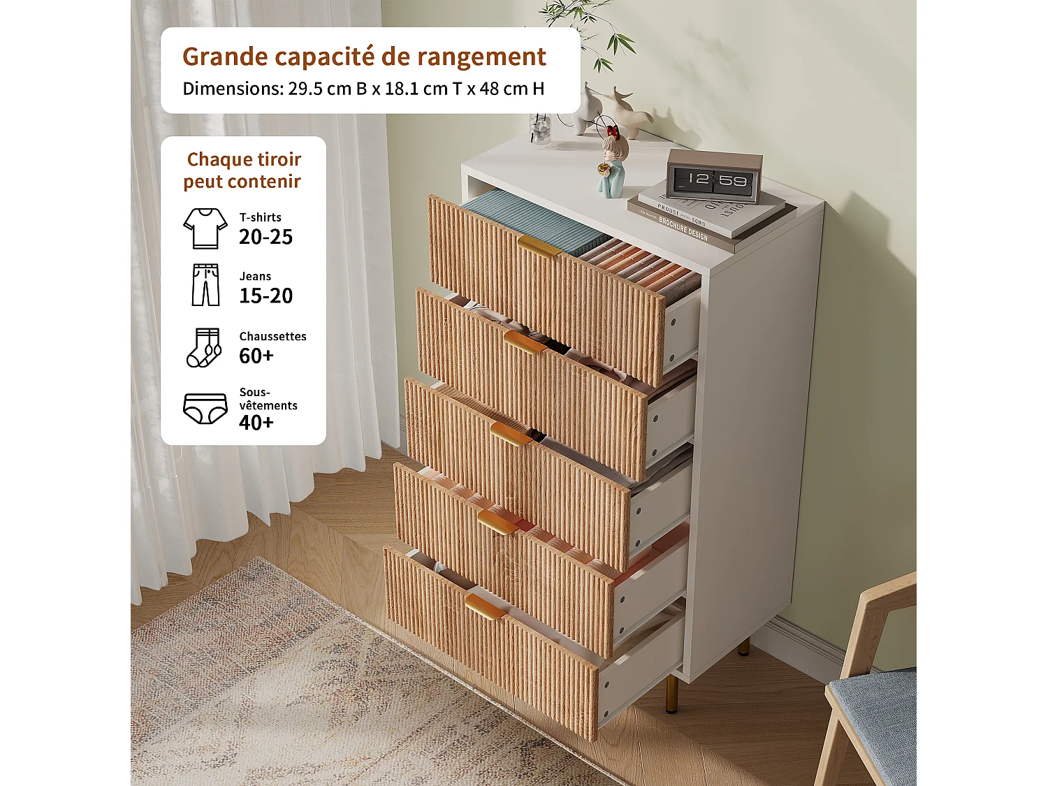 Commode 5 tiroirs design moderne, meuble de rangement kaki pour chambre, salon ou couloir