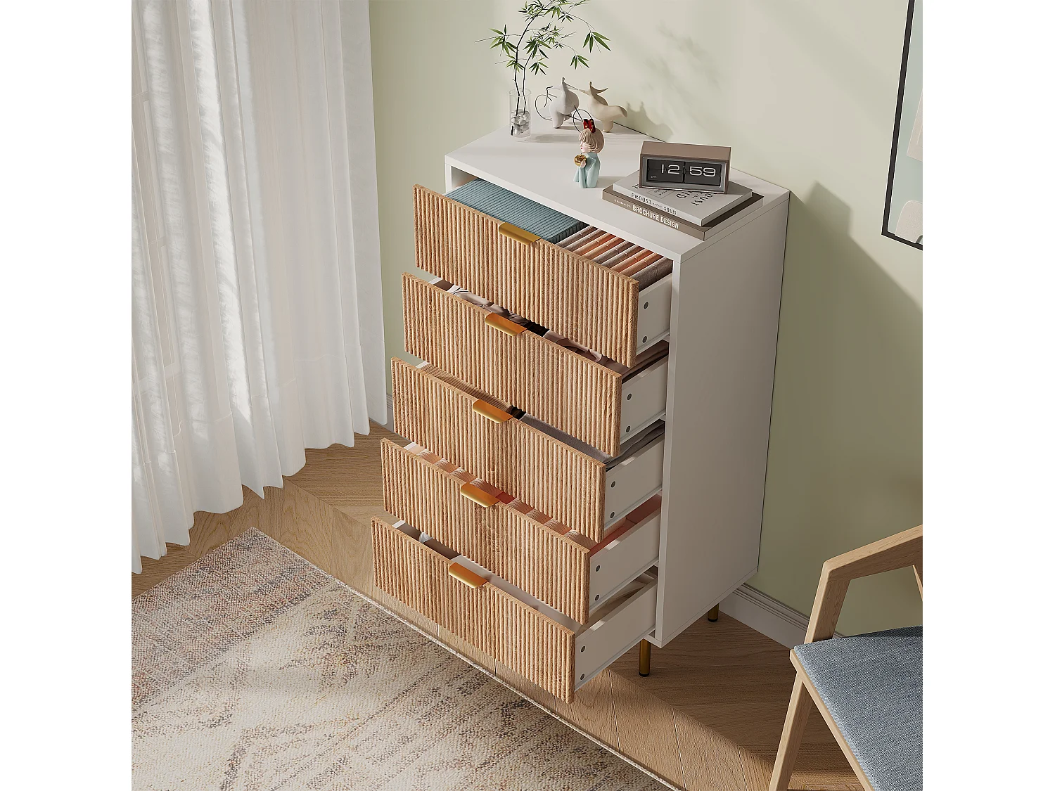 Commode 5 tiroirs design moderne, meuble de rangement kaki pour chambre, salon ou couloir