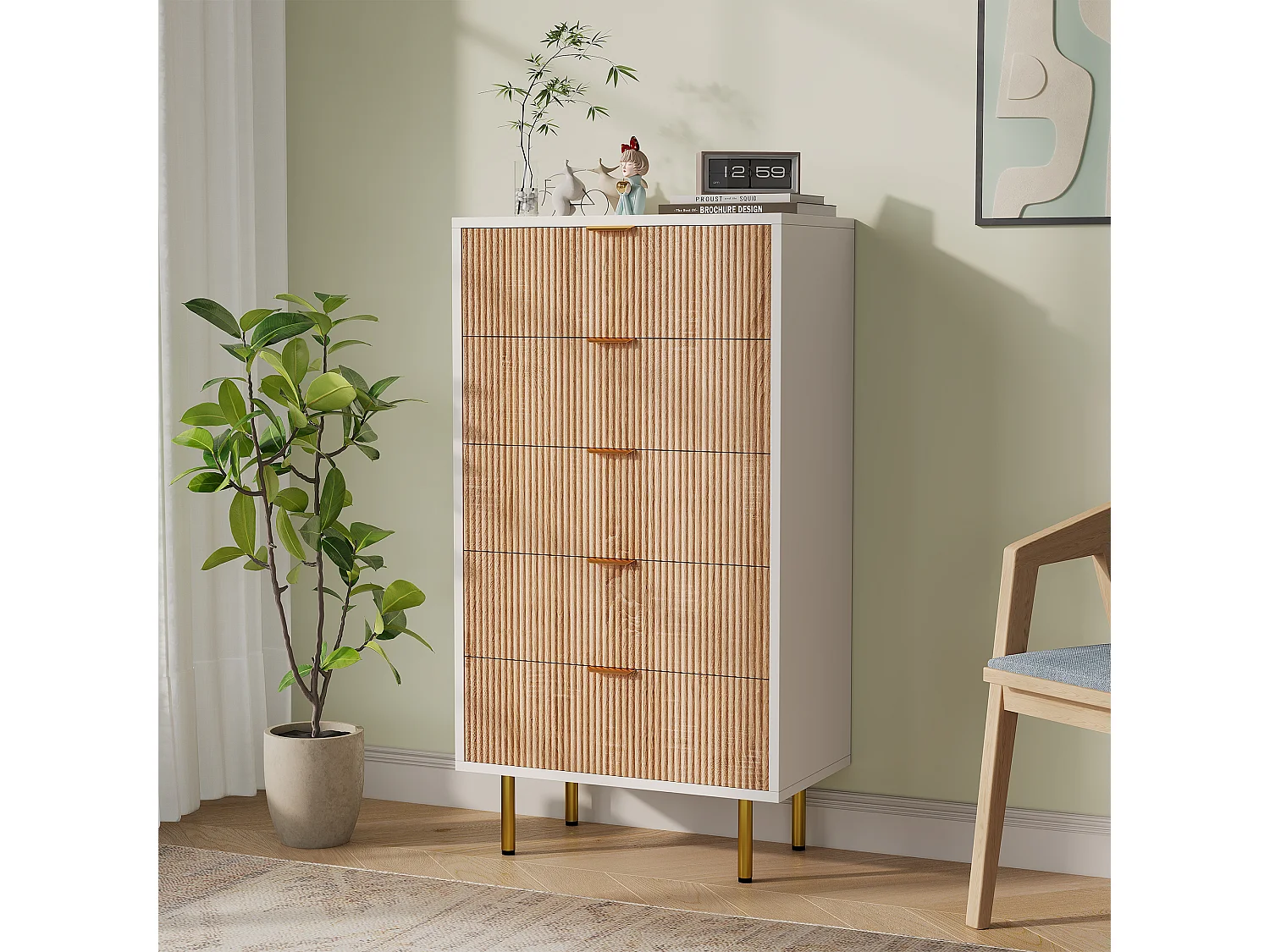 Commode 5 tiroirs design moderne, meuble de rangement kaki pour chambre, salon ou couloir