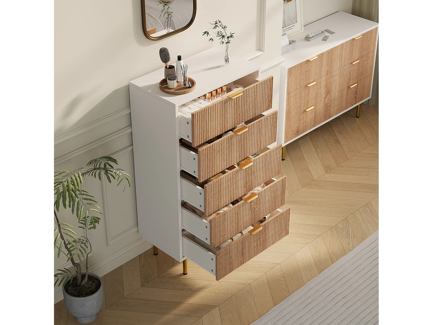 Commode 5 tiroirs design moderne, meuble de rangement kaki pour chambre, salon ou couloir
