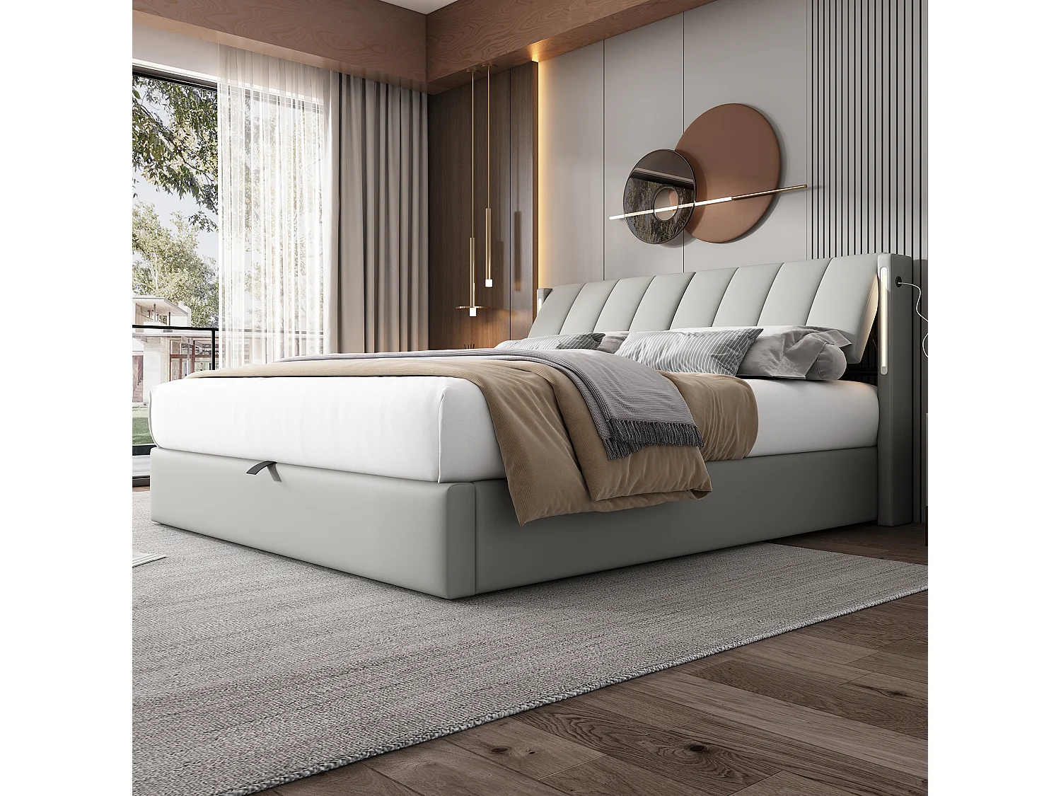 Lit coffre 140x200 cm - avec tête de lit, USB / Type-C, LED, sommier à lattes - gris - sans matelas