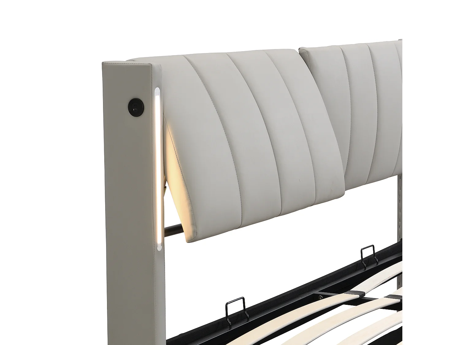 Lit coffre 140x200 cm - avec tête de lit, USB / Type-C, LED, sommier à lattes - gris - sans matelas