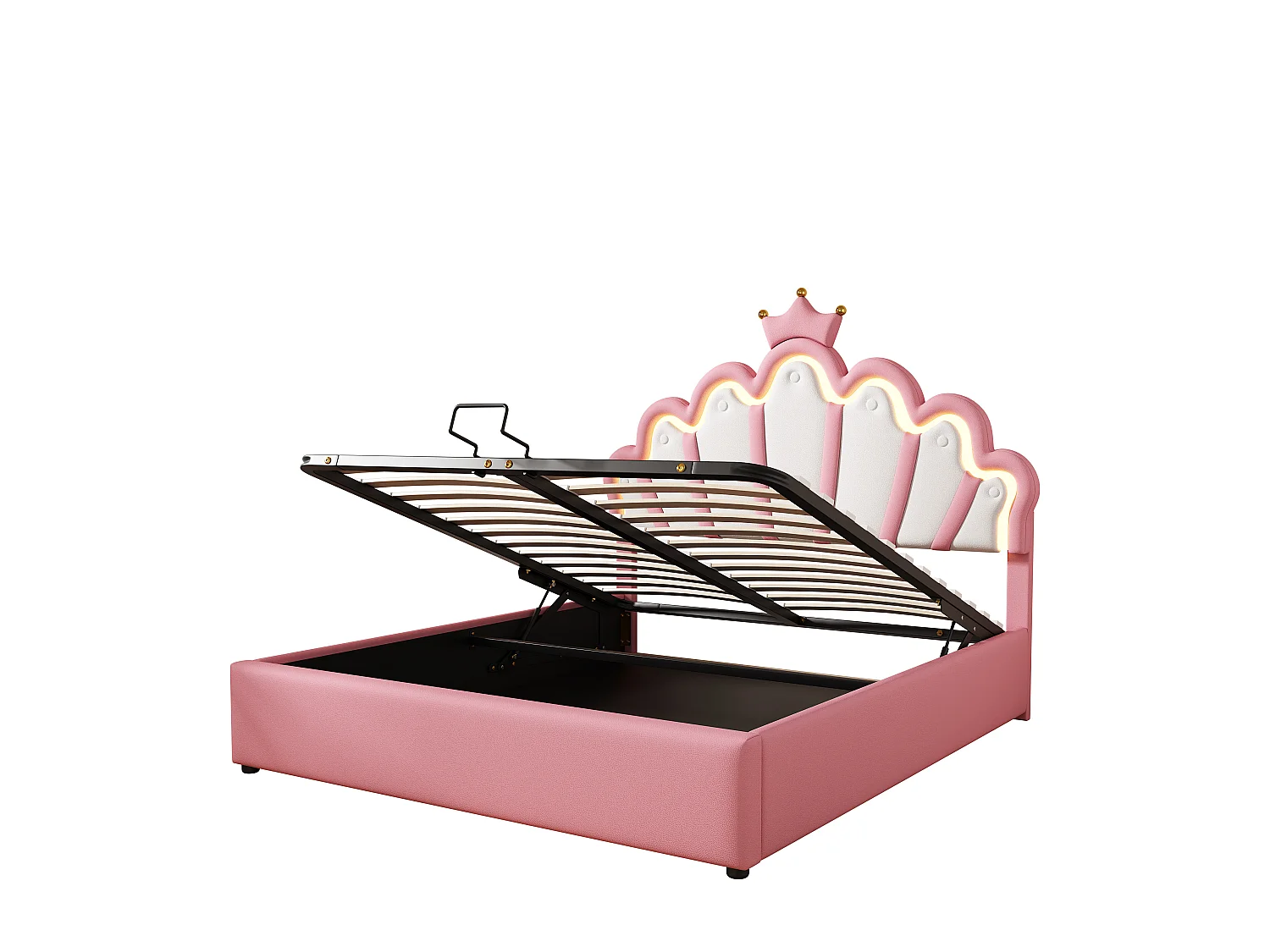 Lit coffre 140x200 cm - avec tête de lit, éclairage LED - en cuir synthétique - rose