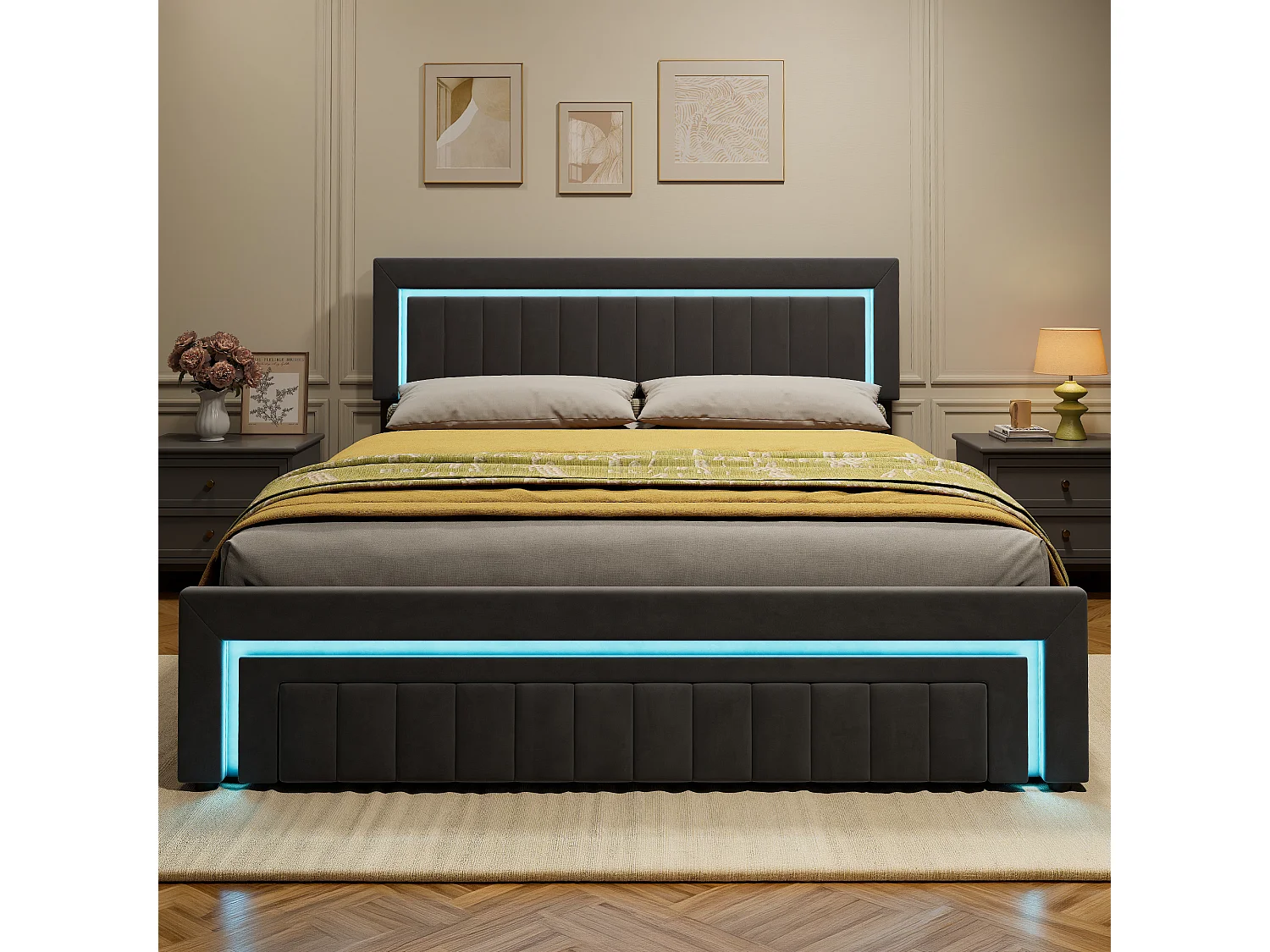 Lit coffre 180x200 cm en velours gris foncé avec led et tiroirs de rangement, avec fond