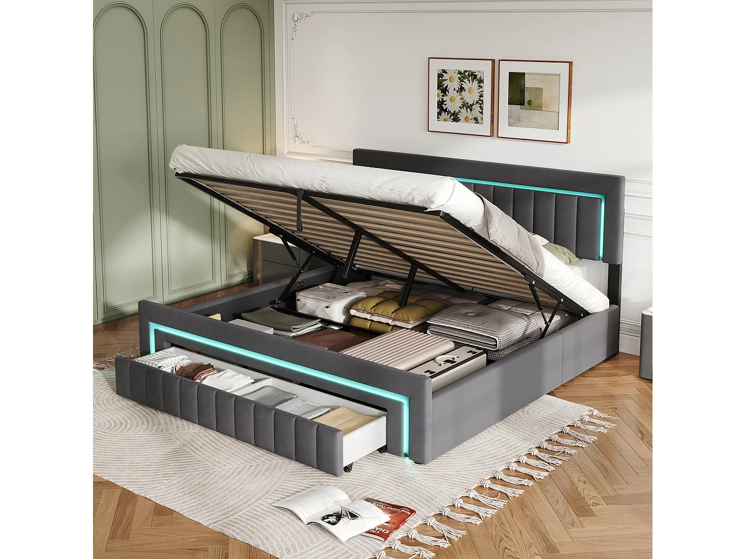 Lit coffre 180x200 cm en velours gris foncé avec led et tiroirs de rangement, avec fond
