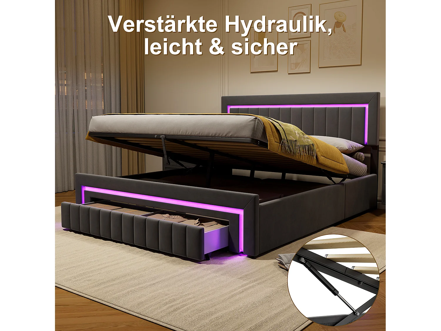 Lit coffre 180x200 cm en velours gris foncé avec led et tiroirs de rangement, avec fond