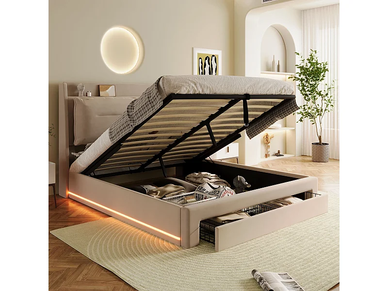 Lit coffre 140x190 cm, lit adulte avec 1 tiroir et tête de lit capitonnée, éclairage LED - velours beige (sans matelas)