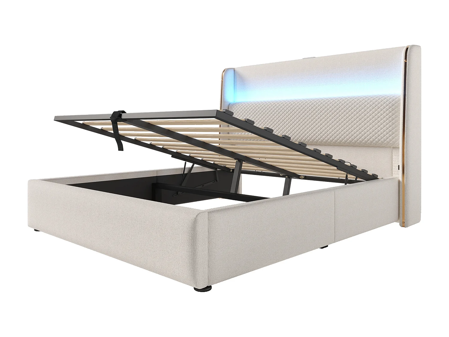 Stauraumbett 160x200 cm Erwachsenenbett mit LED und USB-Anschluss, gepolstertes Kopfteil - beige Leinen (ohne Matratze)