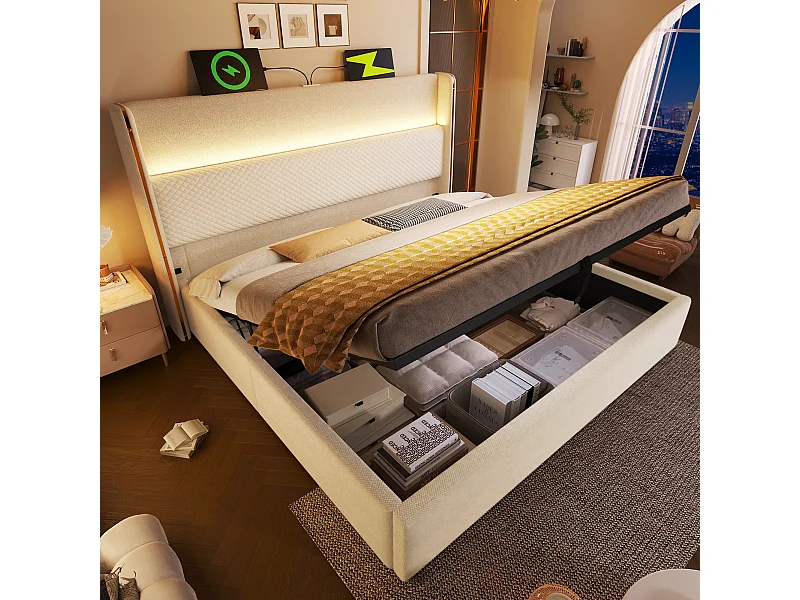 Stauraumbett 160x200 cm Erwachsenenbett mit LED und USB-Anschluss, gepolstertes Kopfteil - beige Leinen (ohne Matratze)