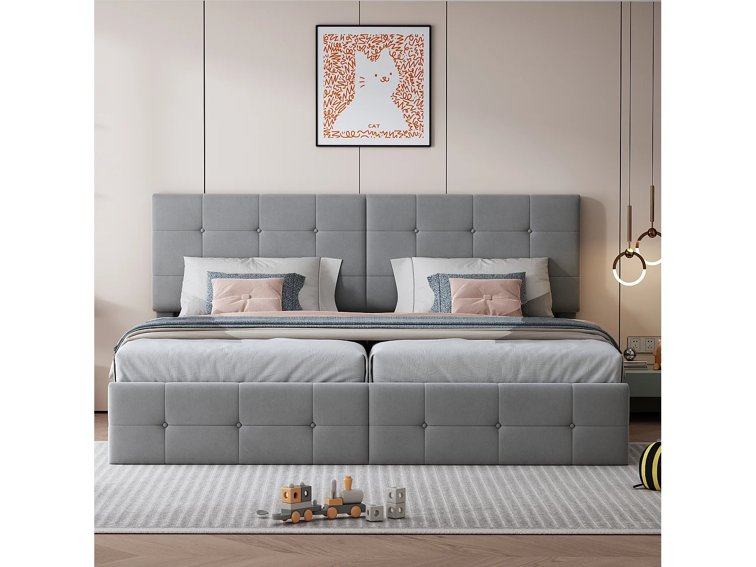 Cama con almacenaje de 180x200 cm, cama doble con cabecero ajustable y somier de láminas - Terciopelo gris (sin colchón)