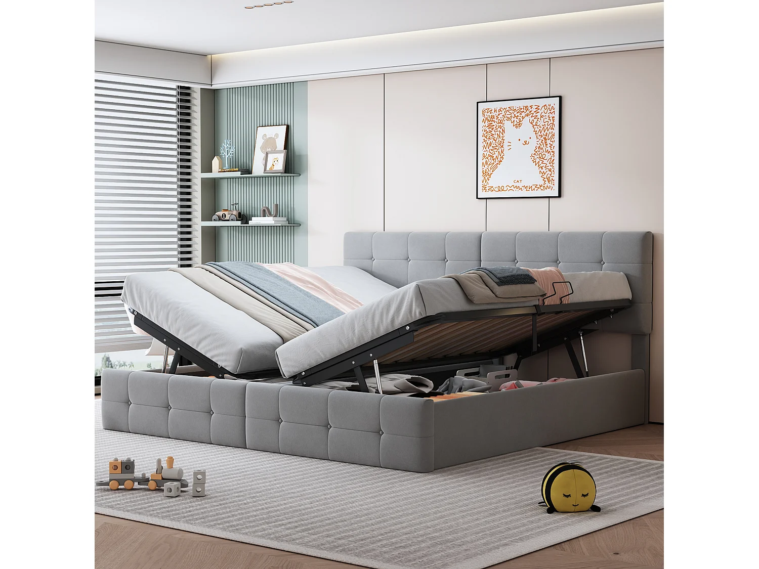 Lit coffre 180x200 cm, lit double avec tête de lit réglable et sommier à lattes - velours gris (sans matelas)